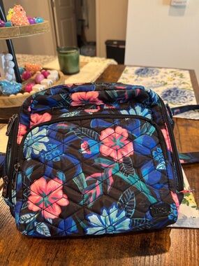 lug Quilted Floral Crossbody Bag in Black with Blue & Pink Flowers